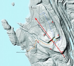 This map is drawn on a LiDAR image. The syncline fold in the Chuckanut is evident. The heavy red line marks the axis of the fold. The red 'T' shapes indicate strike and dip of bedding.